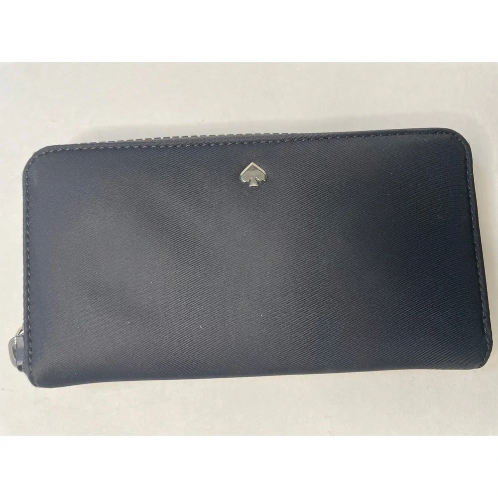 Kate Spade Zip Around Wallet Womens Large Black Excellent Nylon Spade Logo